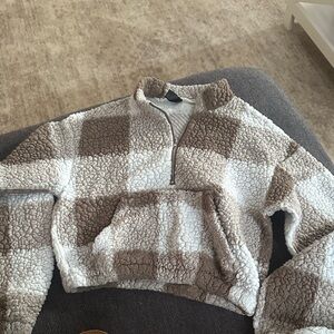 SHEIN Brown and White Plaid Sherpa Jacket